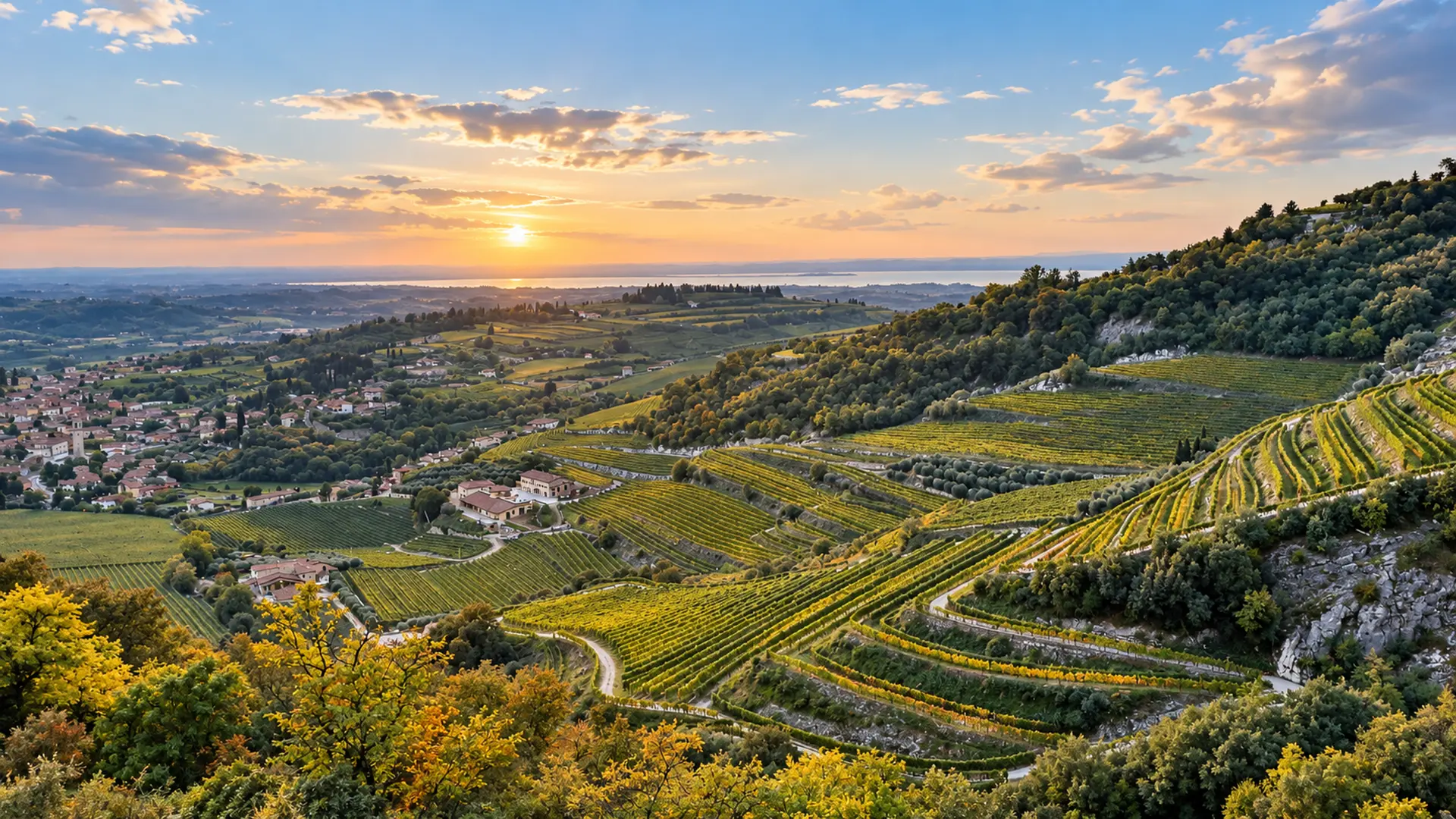 Veduta di colline vignettate con un borgo e il lago al tramonto, area servita dalla web agency in provincia di Verona